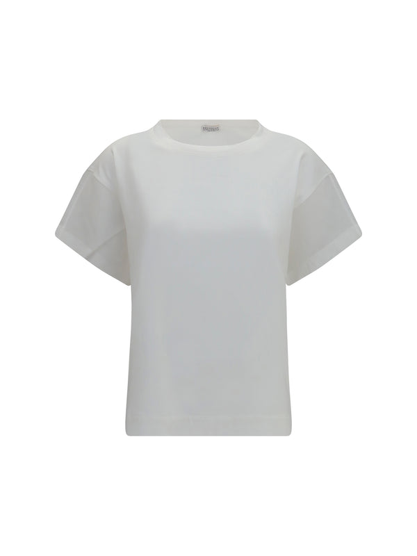 Cotton T-Shirt With Sheer Sleeves And Side Panels Bianco T-shirts