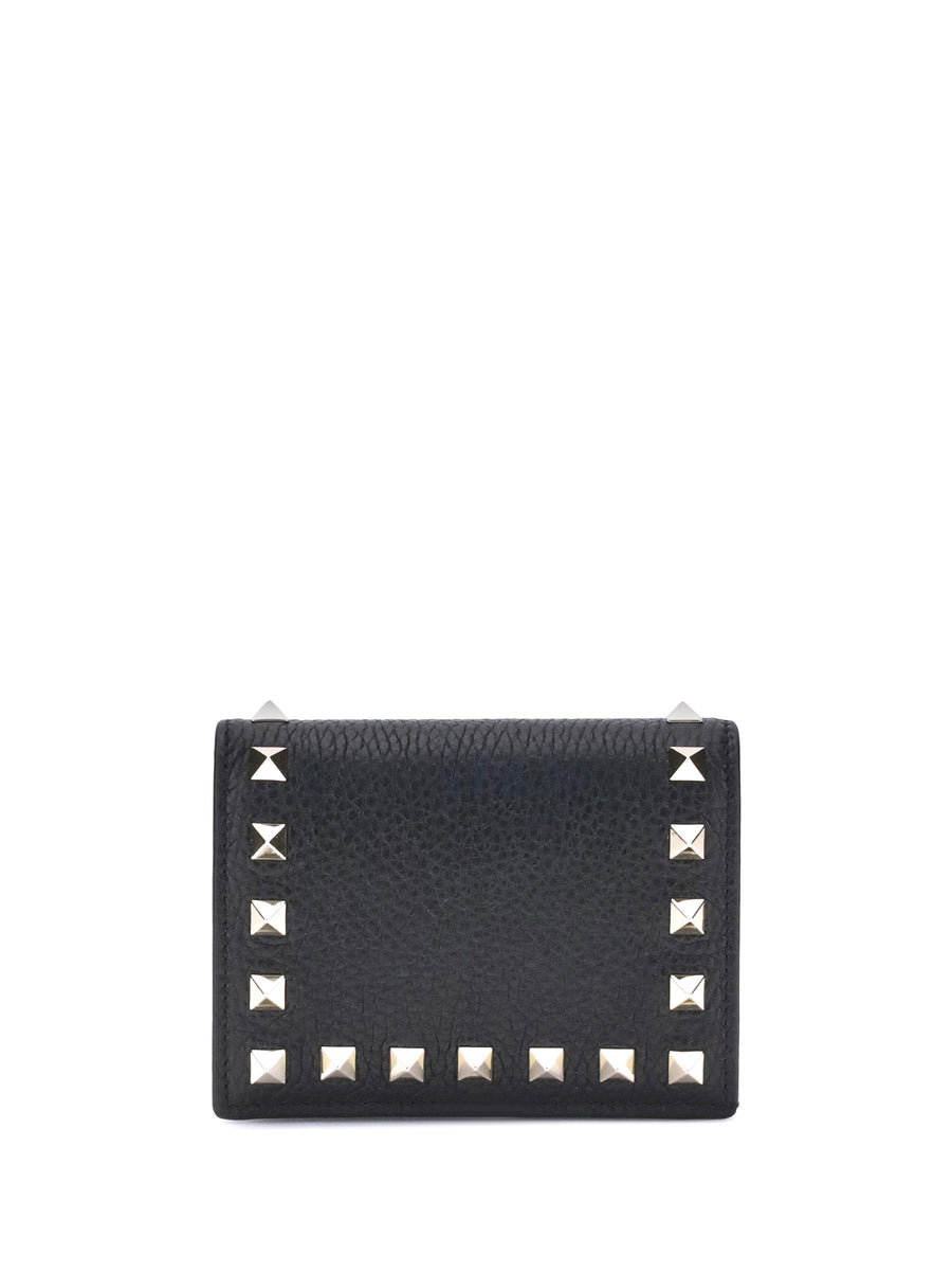 Flap French Wallet Rockstud Black Calf Leather & Purses