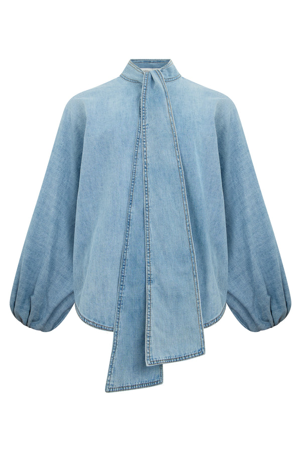 Denim Shirt With Bow Skylark Cotton