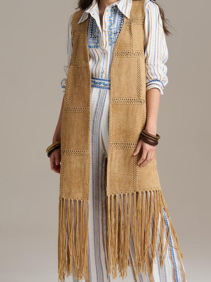 Gilet Lungo Eco Suede Con Frange