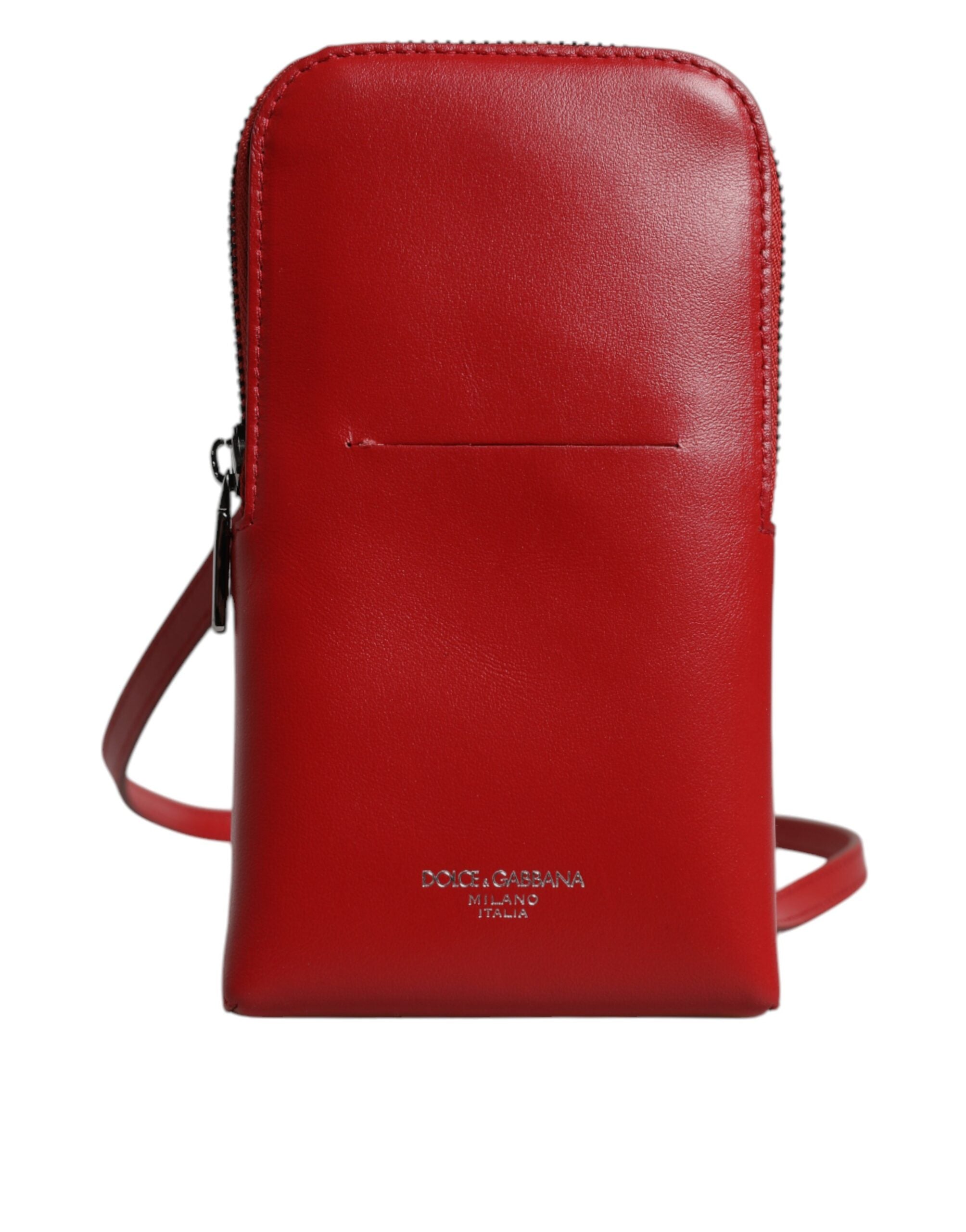 Red Leather Purse Phone Sling Crossbody Neck Strap Bag Calfskin Viscose