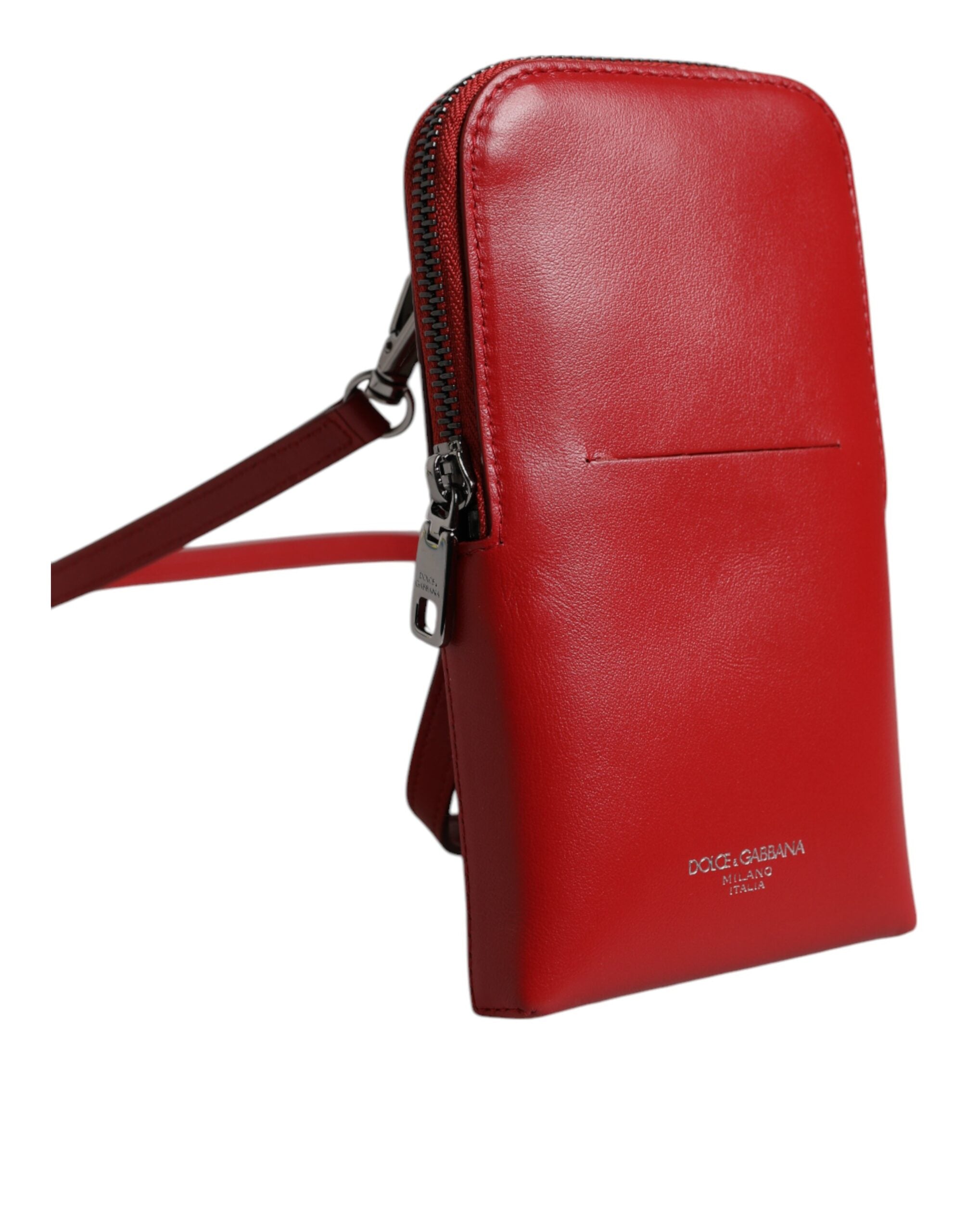 Red Leather Purse Phone Sling Crossbody Neck Strap Bag Calfskin Viscose