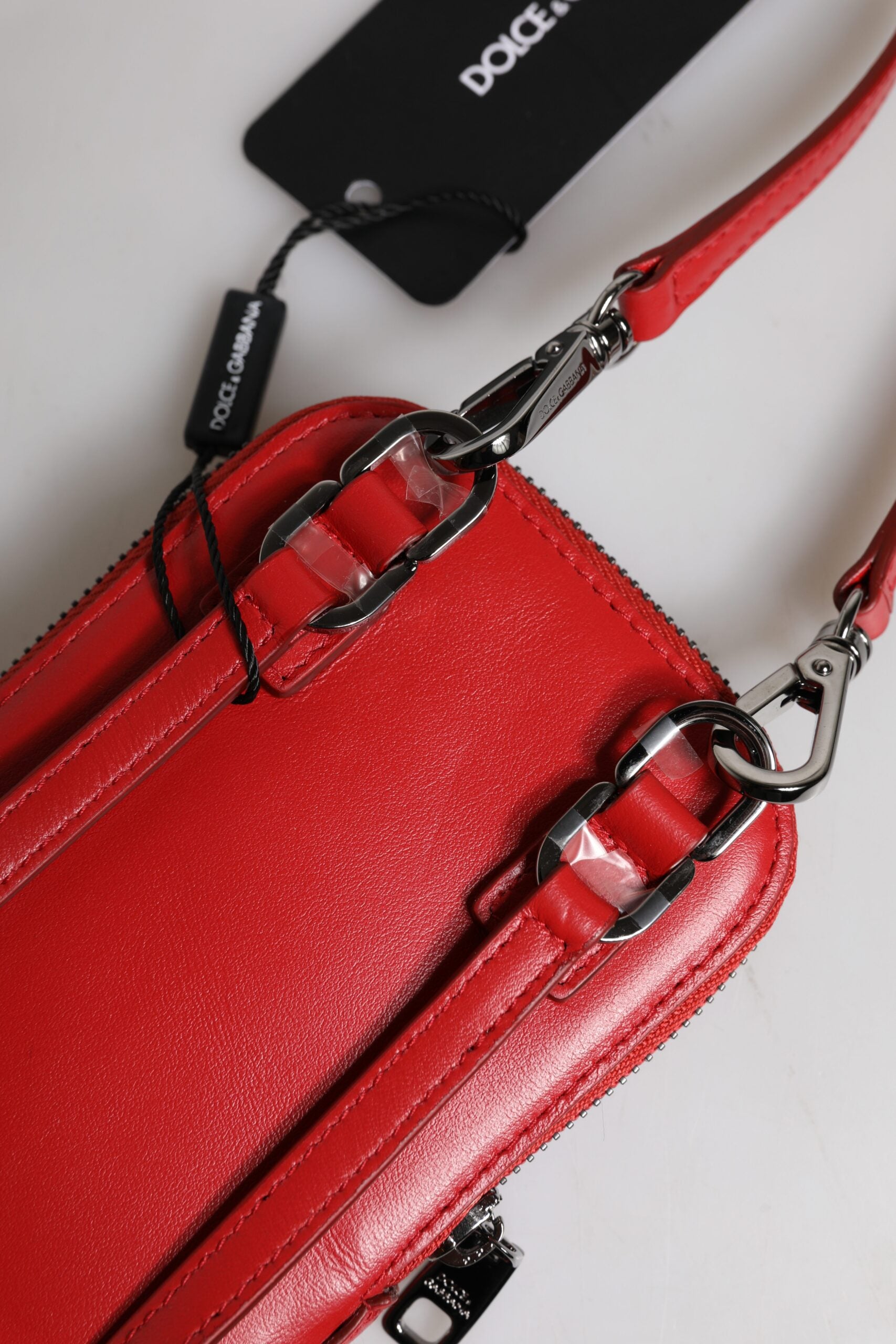 Red Leather Purse Phone Sling Crossbody Neck Strap Bag Calfskin Viscose