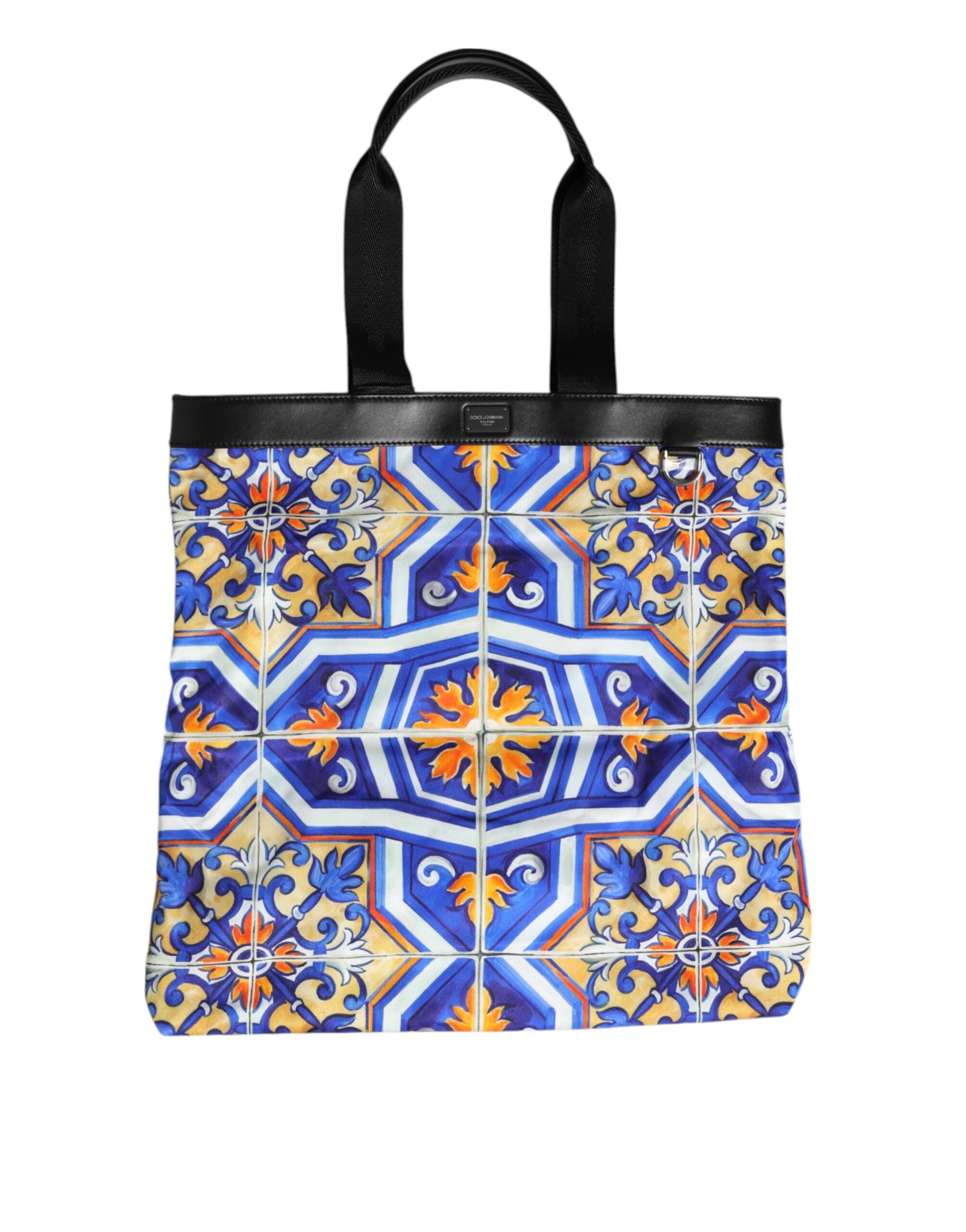 Multicolor Maiolica Print Tote Shoulder Strap Bag Nylon Calfskin Leather