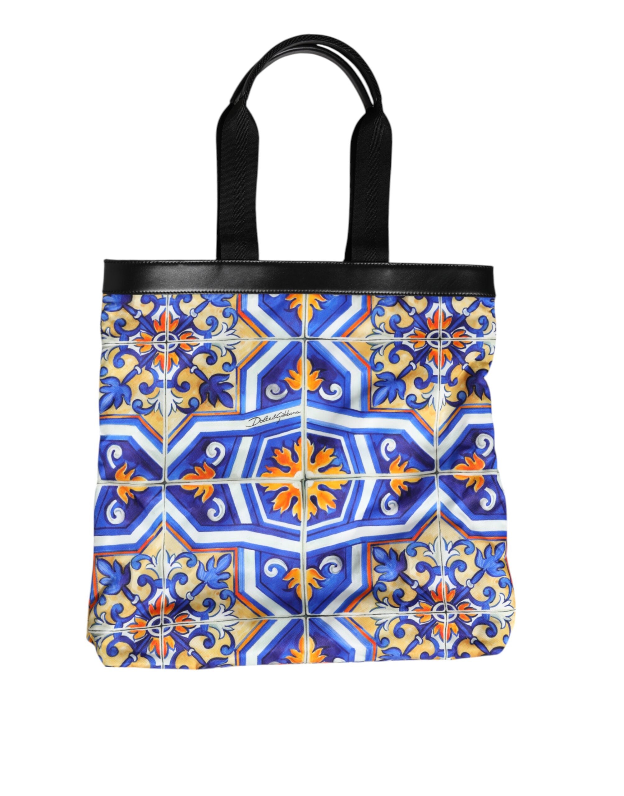 Multicolor Maiolica Print Tote Shoulder Strap Bag Nylon Calfskin Leather