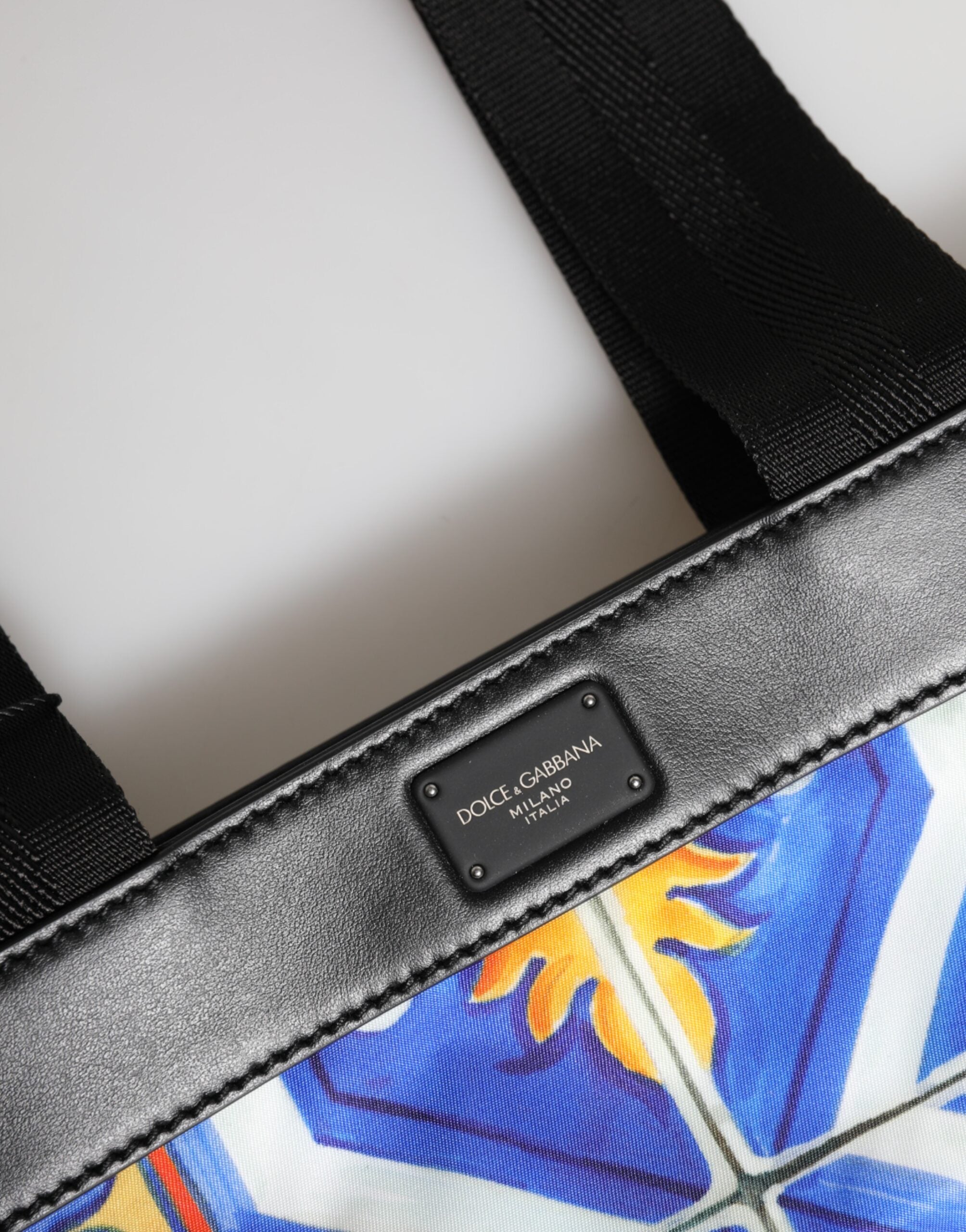 Multicolor Maiolica Print Tote Shoulder Strap Bag Nylon Calfskin Leather