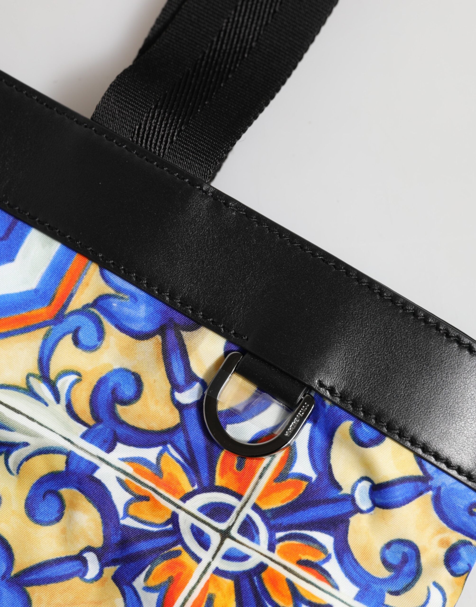 Multicolor Maiolica Print Tote Shoulder Strap Bag Nylon Calfskin Leather