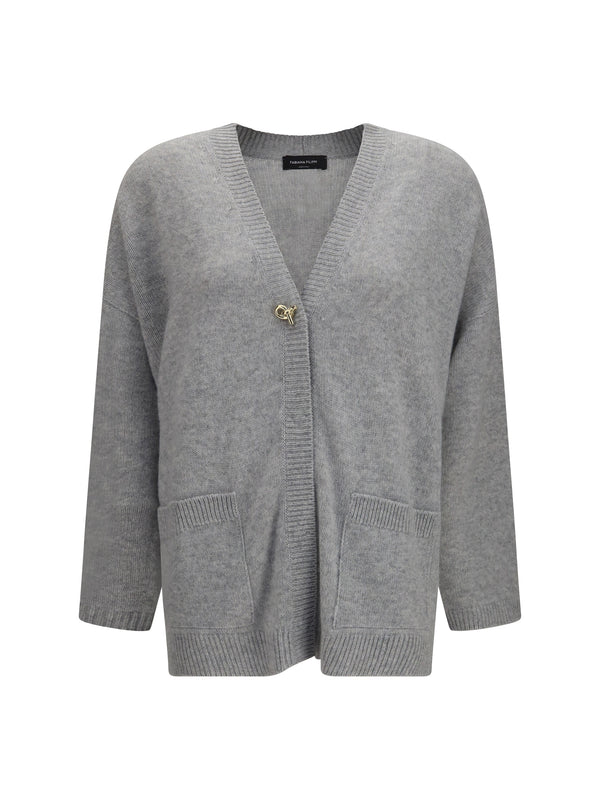 Cashmere Cardigan With V-Neck And Knot Button Granito Kashmir/capra Hircus