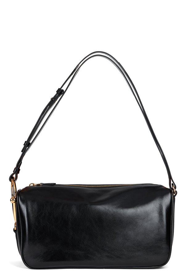 Shoulder Bag With Buckle, Black Leather Calf Skin