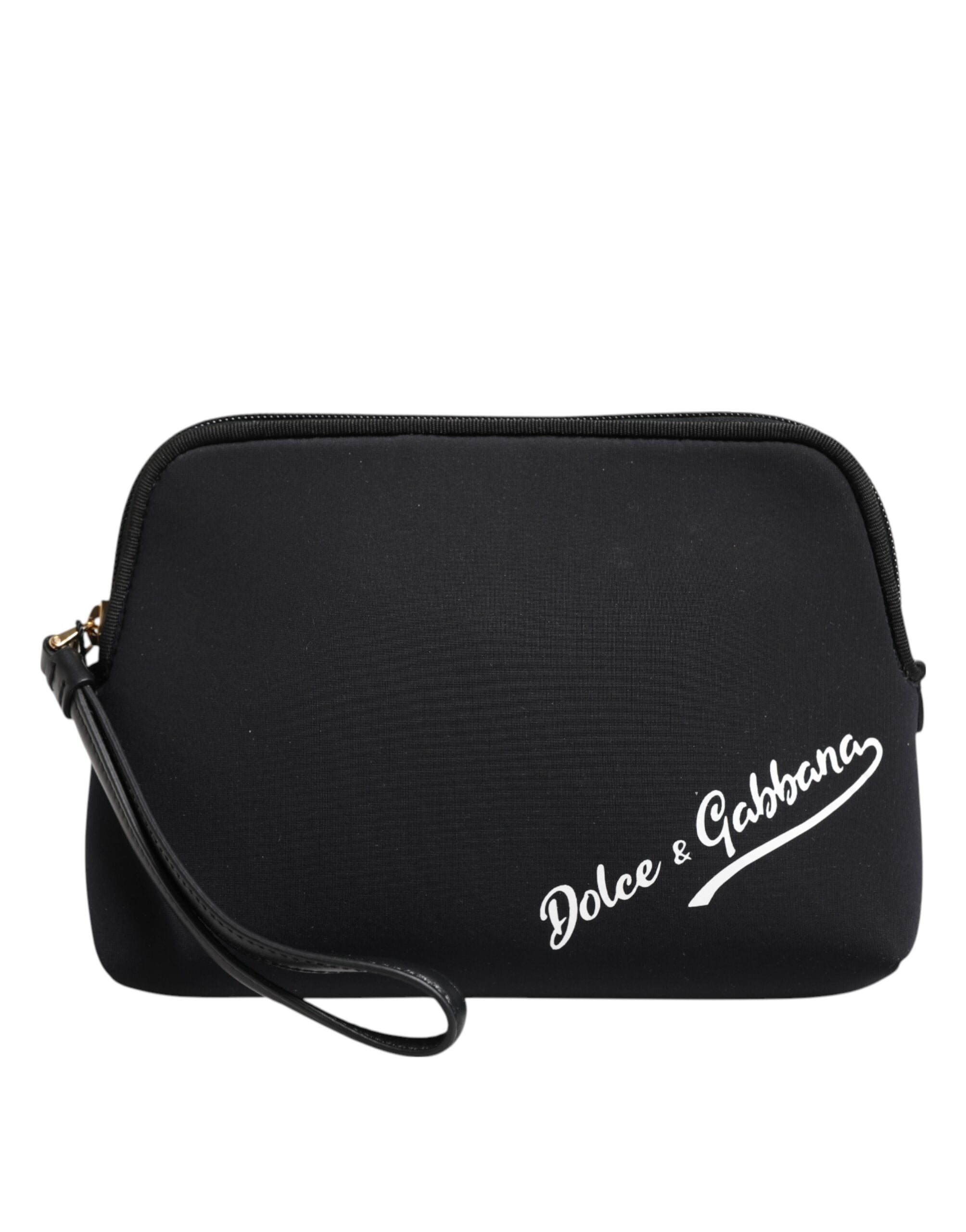 Black Solid Nylon Dg Logoprint Clutch Zip Borse Pouch Bag Spandex Calf