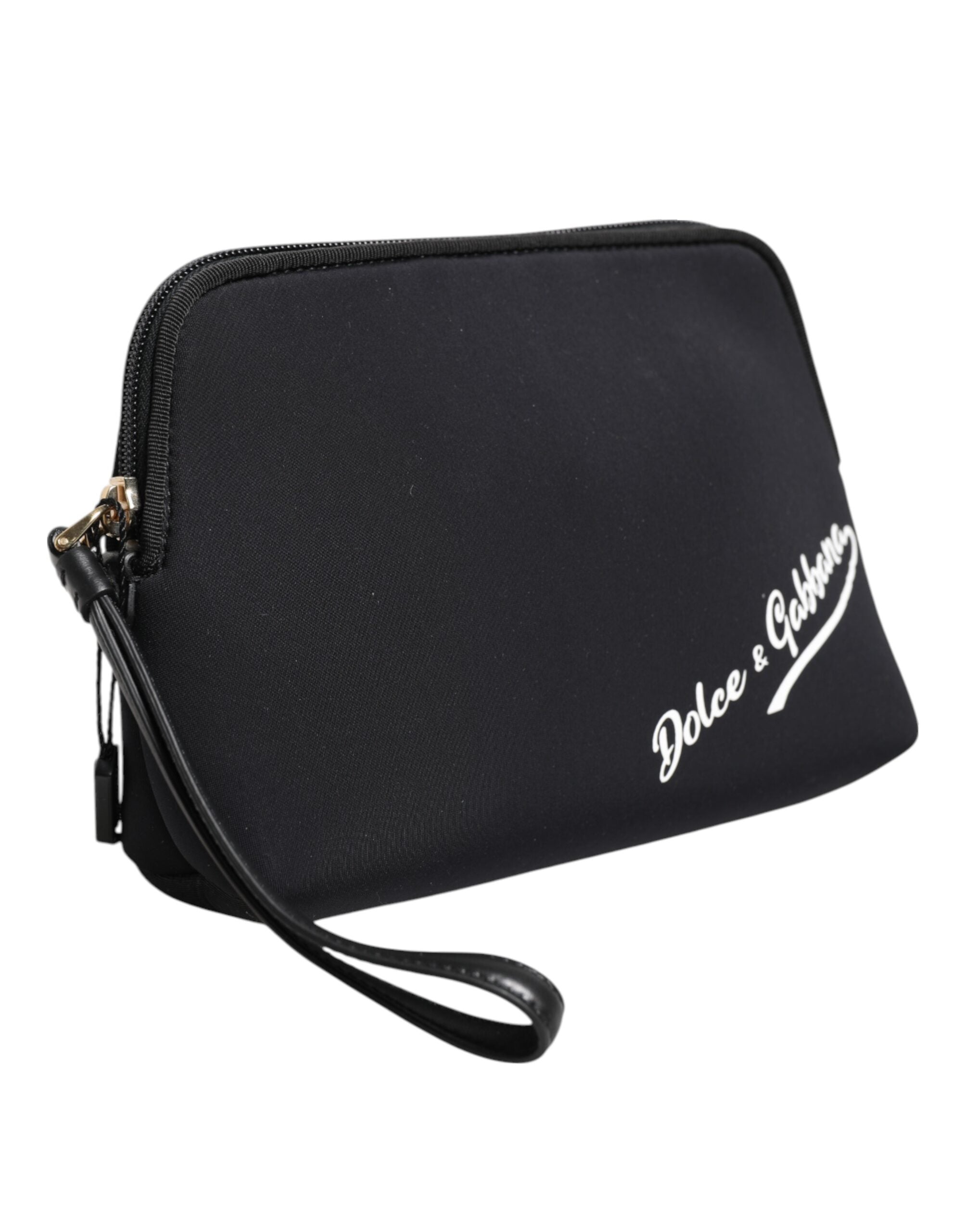 Black Solid Nylon Dg Logoprint Clutch Zip Borse Pouch Bag Spandex Calf