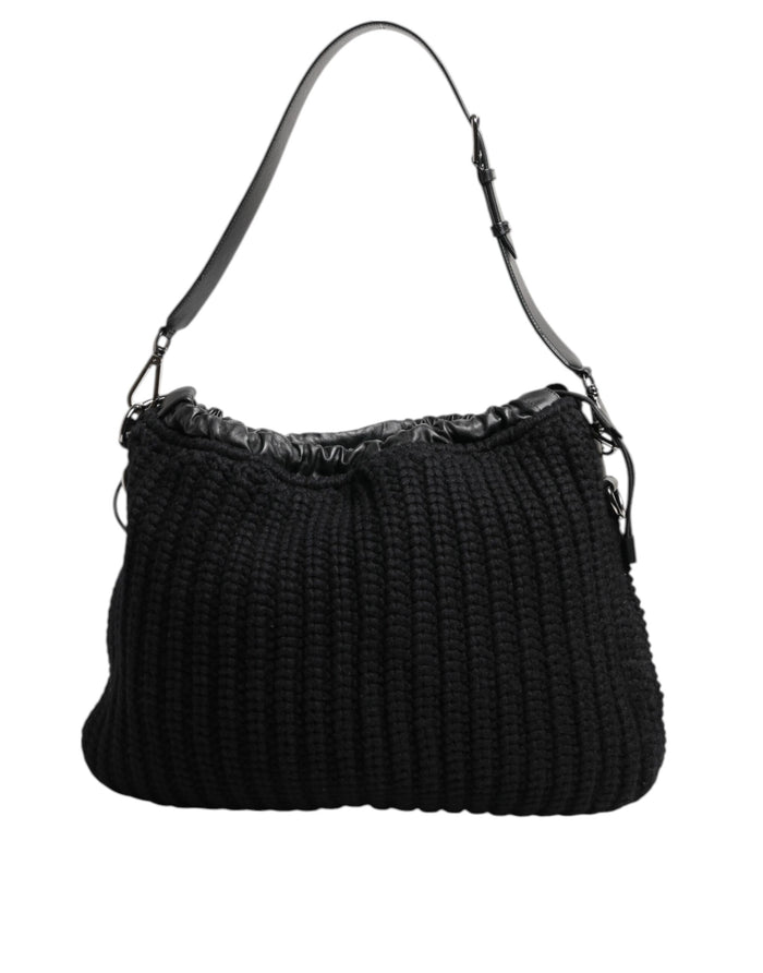 Black Cashmere Knitted Leather Shoulder Women Borse Bag Black- Lamb Calf