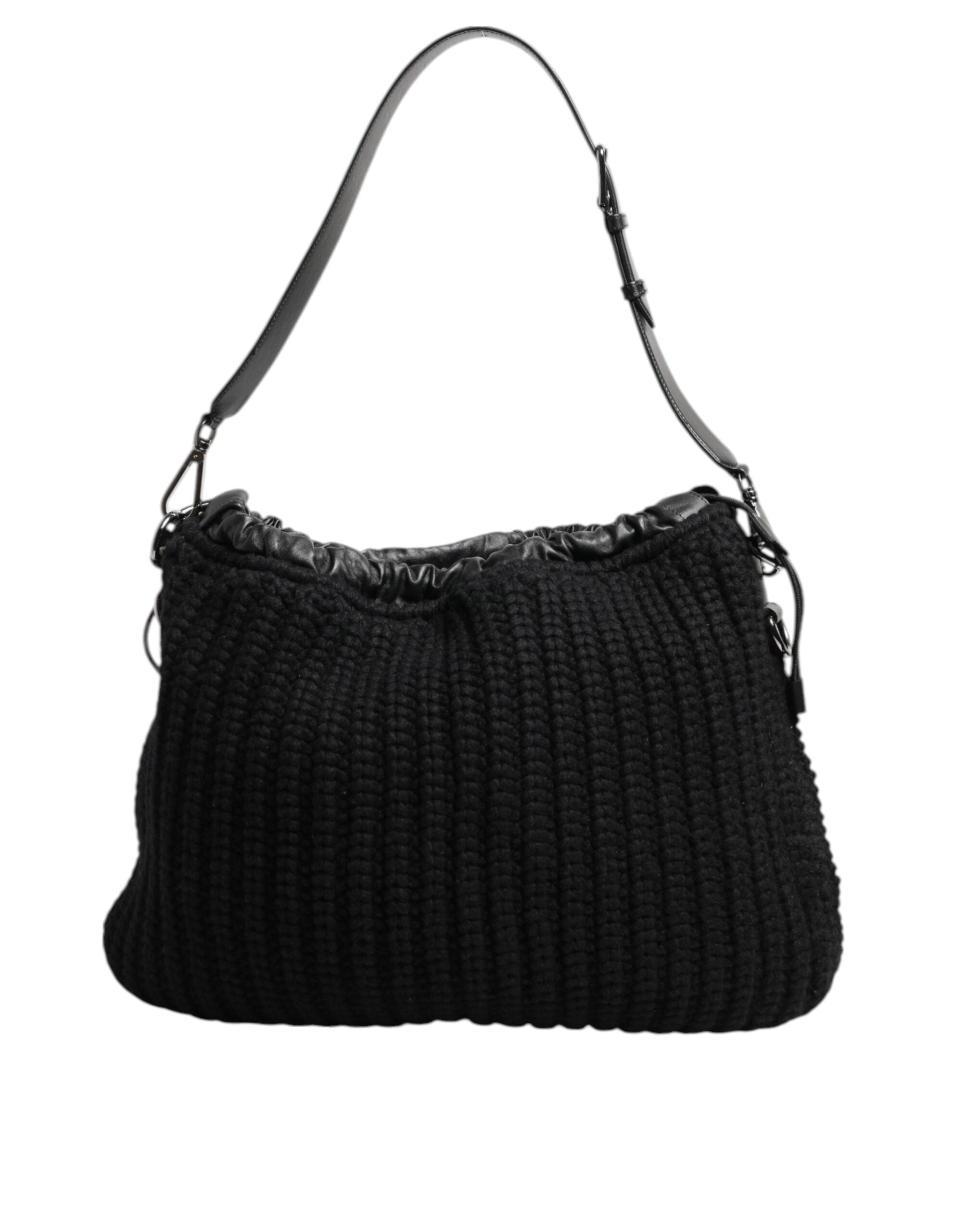 Black Cashmere Knitted Leather Shoulder Women Borse Bag Black- Lamb Calf