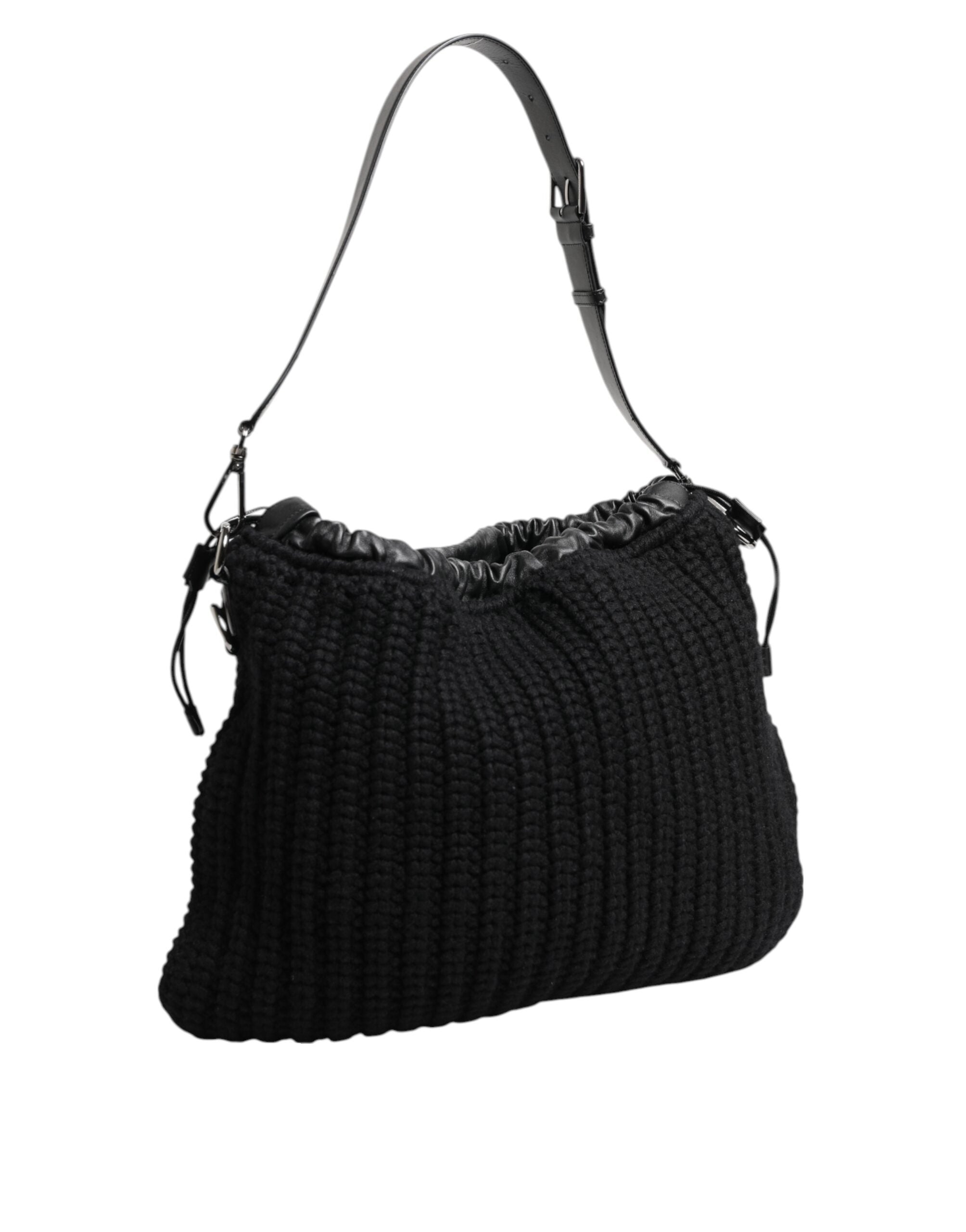 Black Cashmere Knitted Leather Shoulder Women Borse Bag Black- Lamb Calf