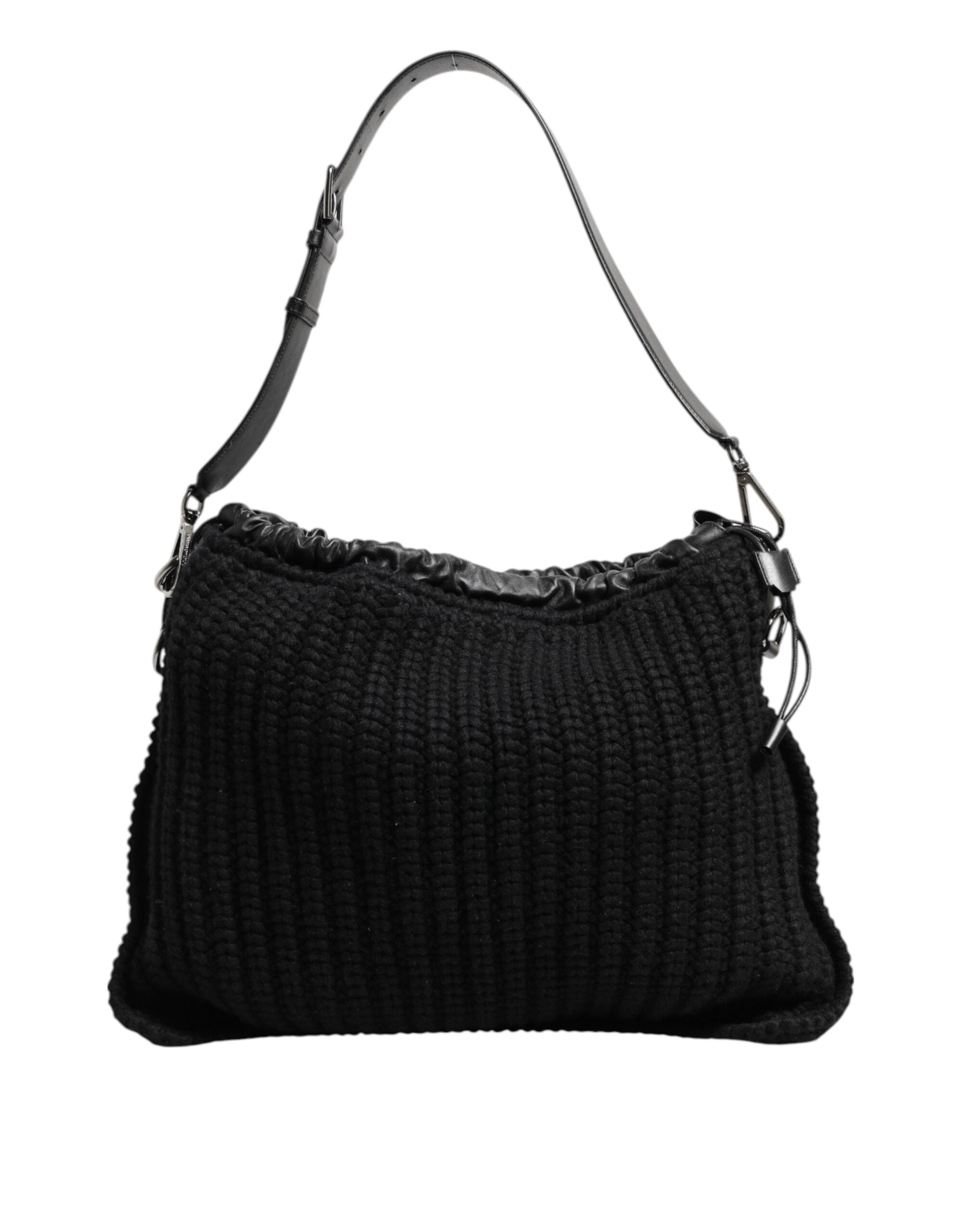 Black Cashmere Knitted Leather Shoulder Women Borse Bag Black- Lamb Calf