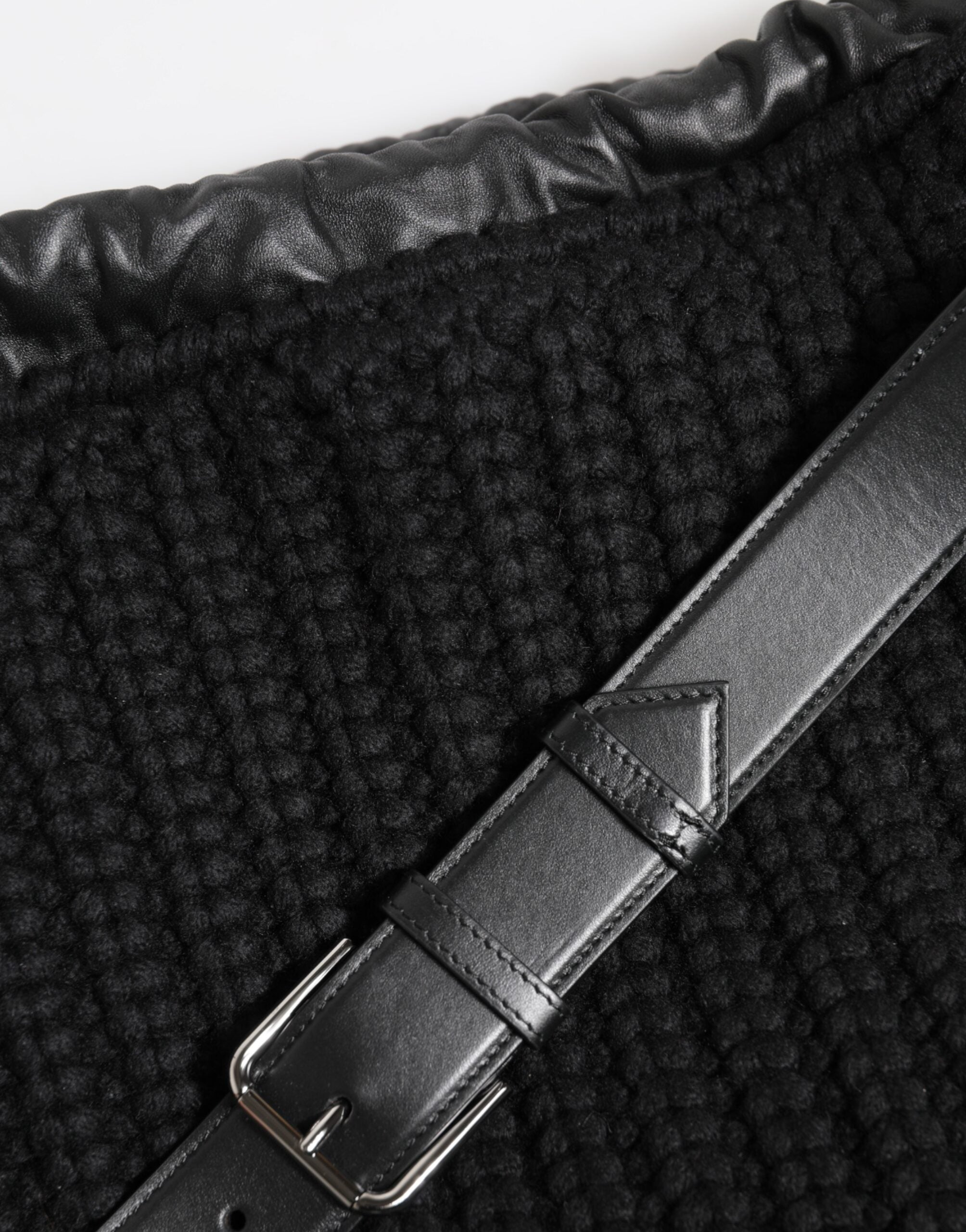 Black Cashmere Knitted Leather Shoulder Women Borse Bag Black- Lamb Calf