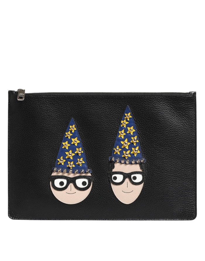Black Leather #dgfamily Embellished Men Clutch Pouch Bag Accessory
