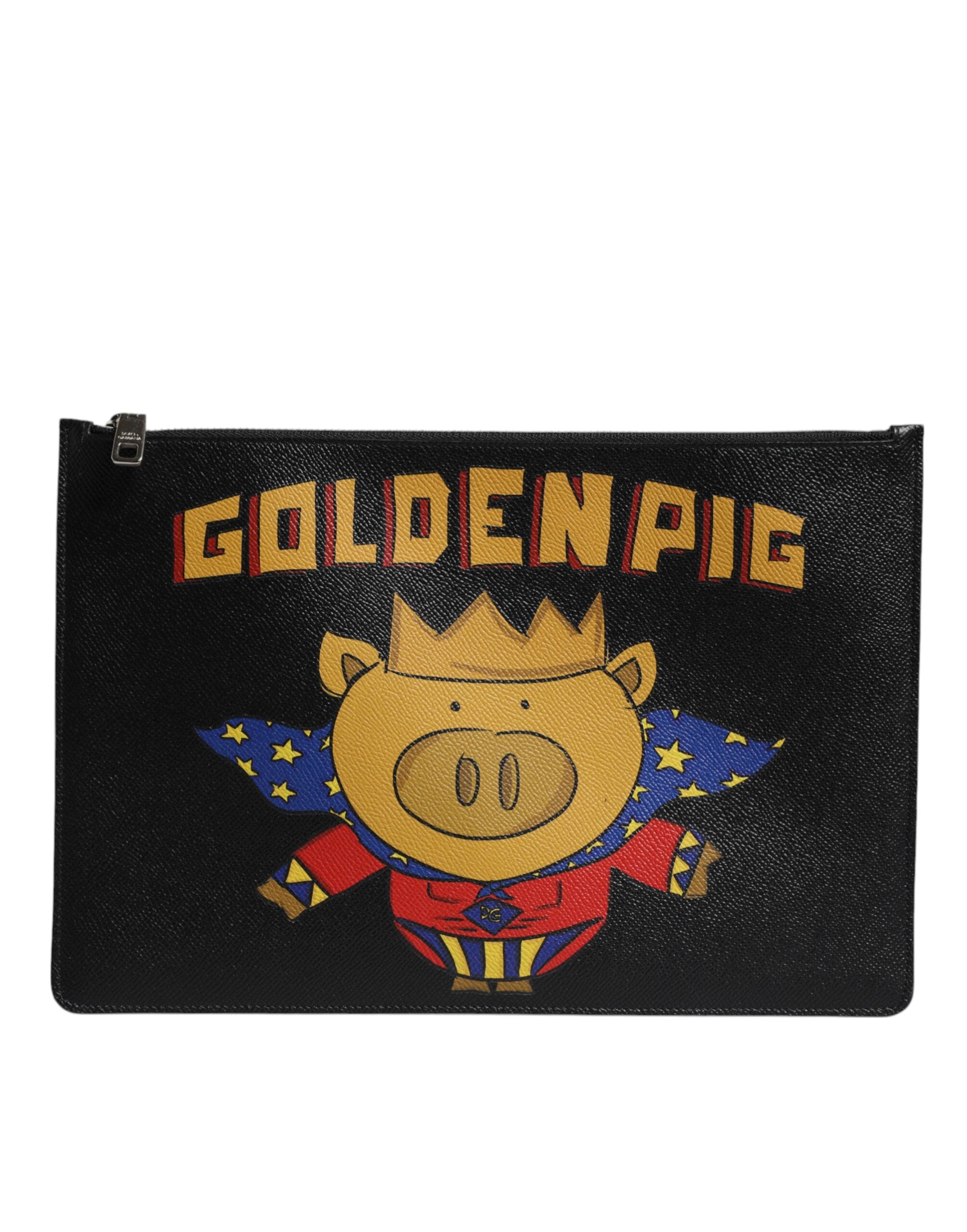 Black Leather Golden Pig Print Men Clutch Pouch Borse Bag Accessory