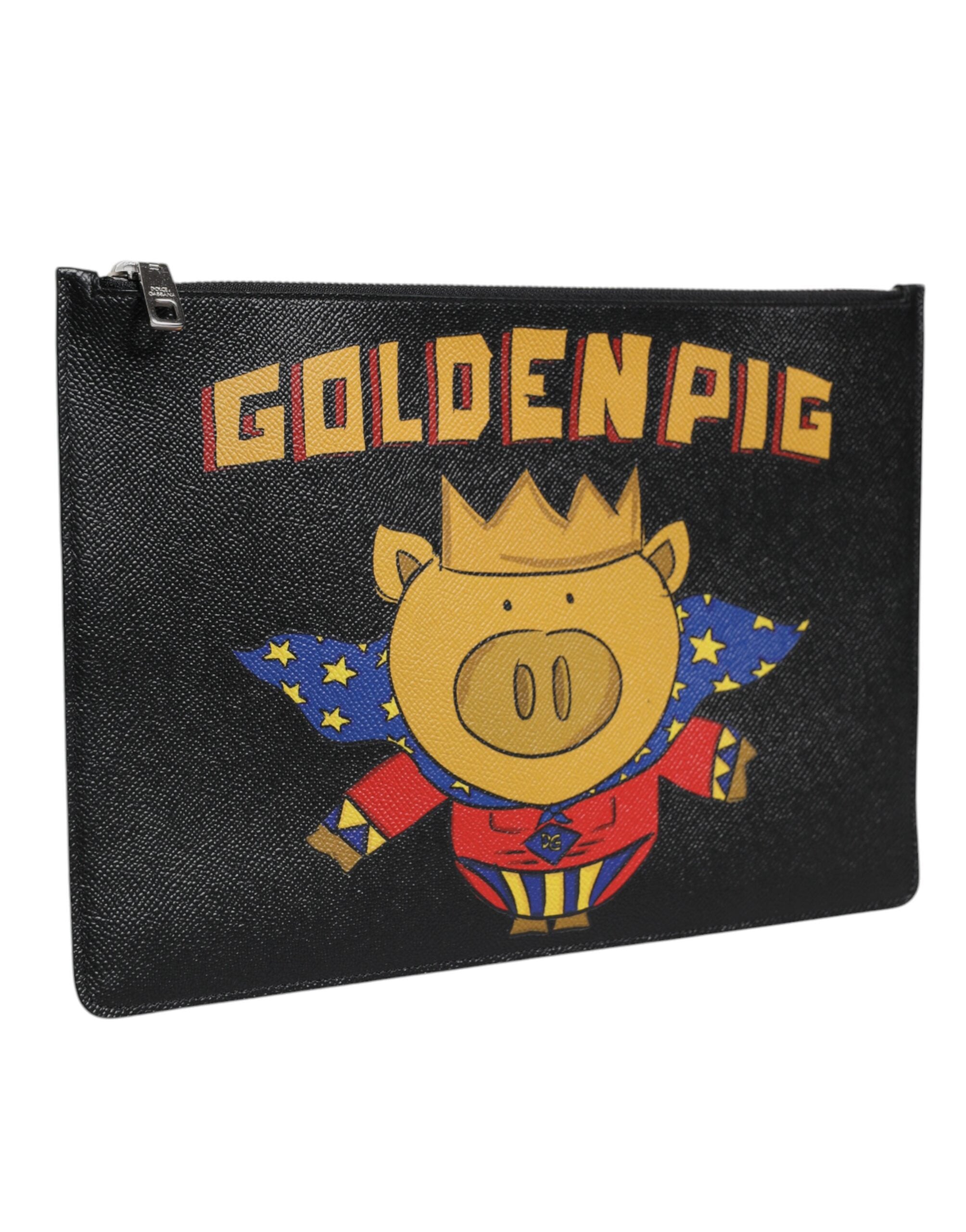 Black Leather Golden Pig Print Men Clutch Pouch Borse Bag Accessory