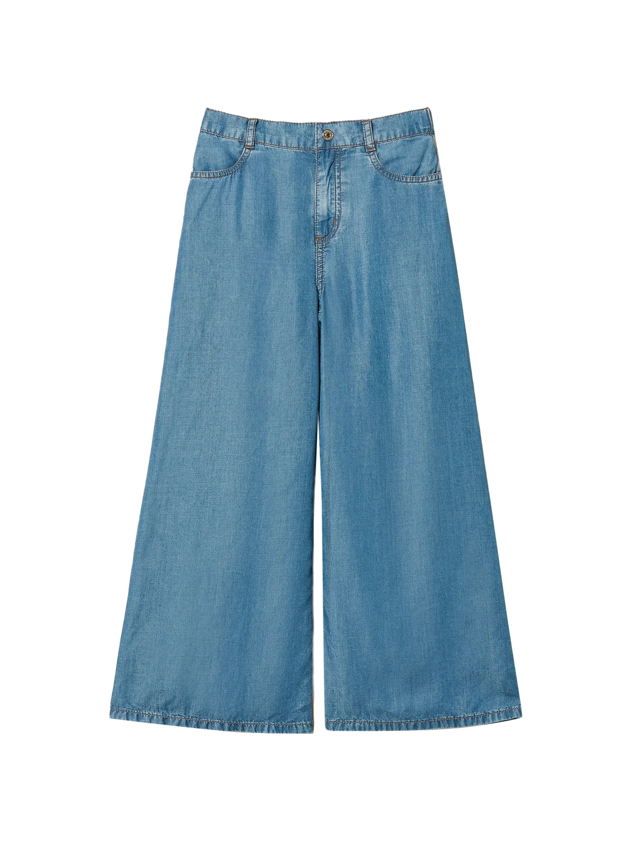 Pantalone Cropped In Chambray Blue Pantaloni