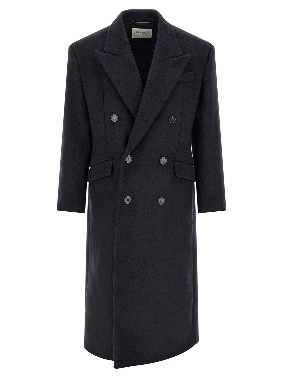 Saint Laurent Double-Breasted Wool Coat — Navy