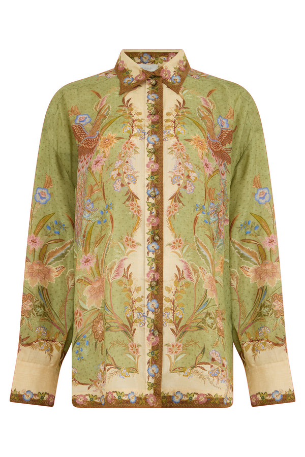 Printed Silk Shirt — Khaki Floral Green