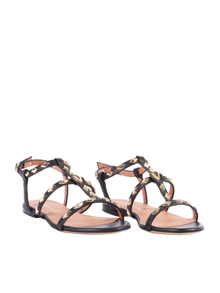 Sandals With Rhombus-Shaped Studs Black Leather Sole Rubber