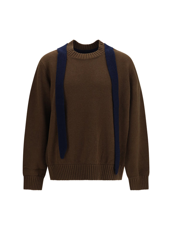 Wool Cardigan With Integrated Scarf Brown-Navy Brown/navy Merino