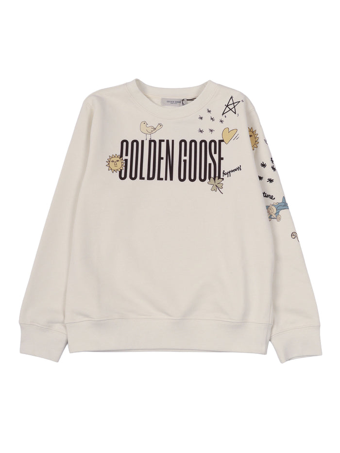 Journey Unisex Crew Neck Sweatshirt Blend Cotton Fleece With Printed And Embroidered Doodles White Crewneck