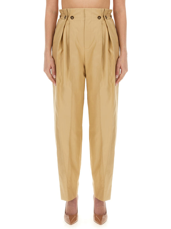 Gathered Waist Pants Beige Cotton Trousers