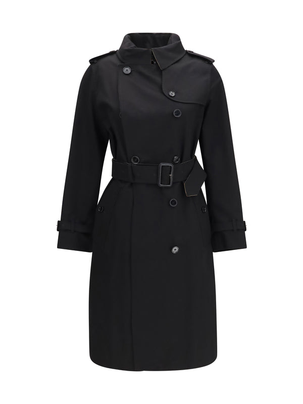 Long Gabardine Trench Coat With Check Collar Black Cotton