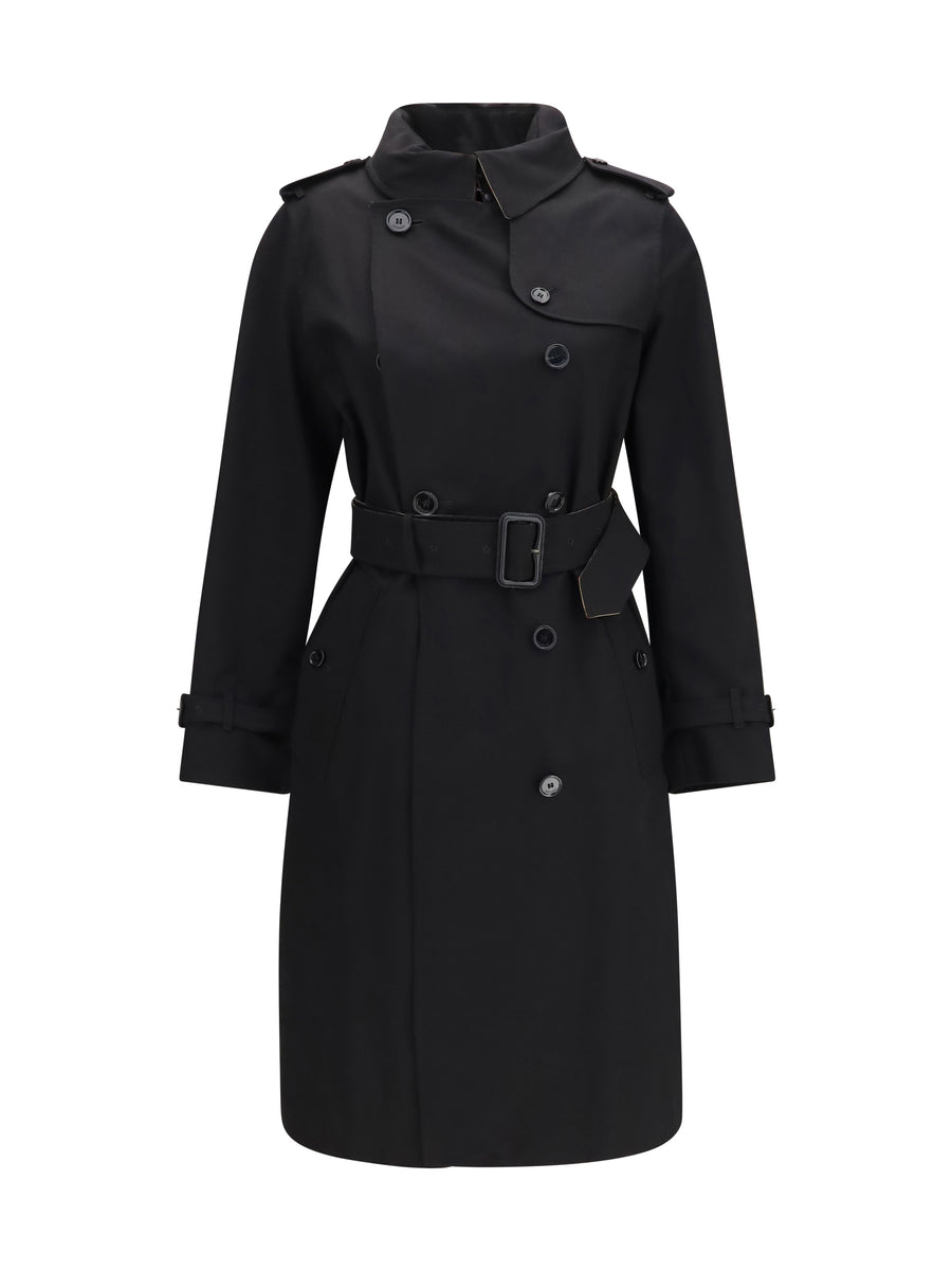 Long Gabardine Trench Coat With Check Collar Black Cotton