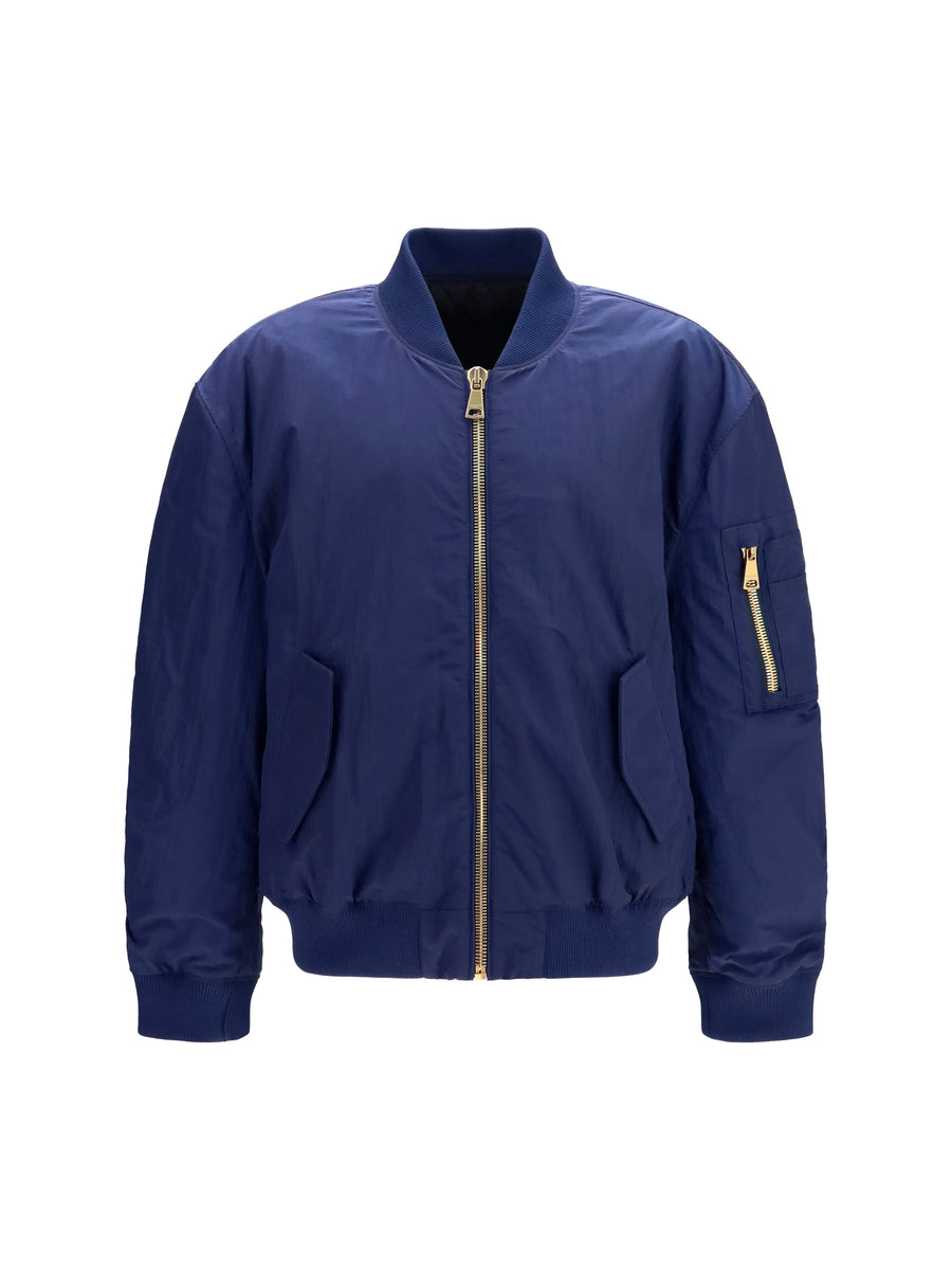 Nylon Bomber Jacket With Embroidered Back Blue Polyamide Padded & Down