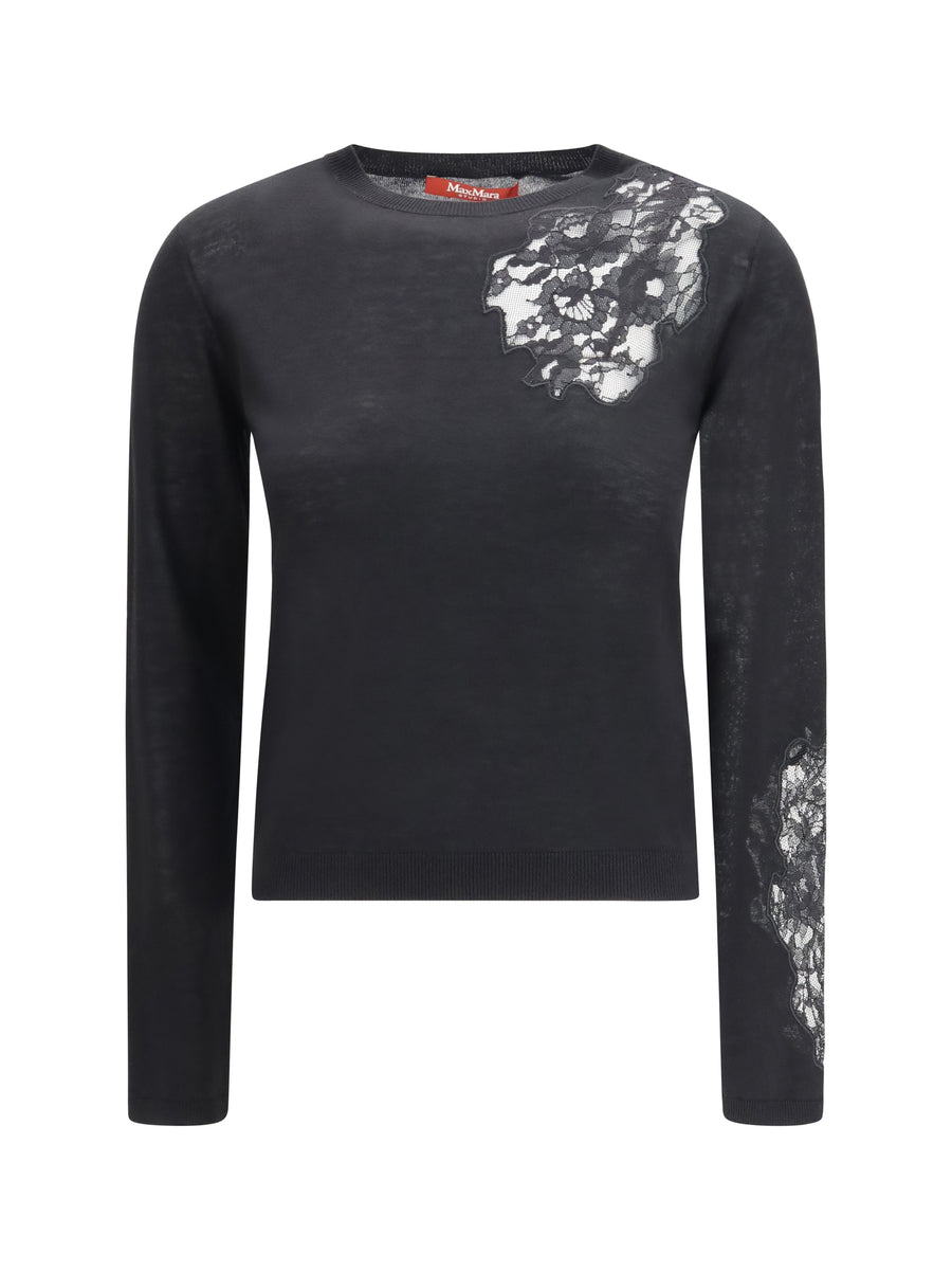 Wool Sweater With Lace Inserts, Black Silk