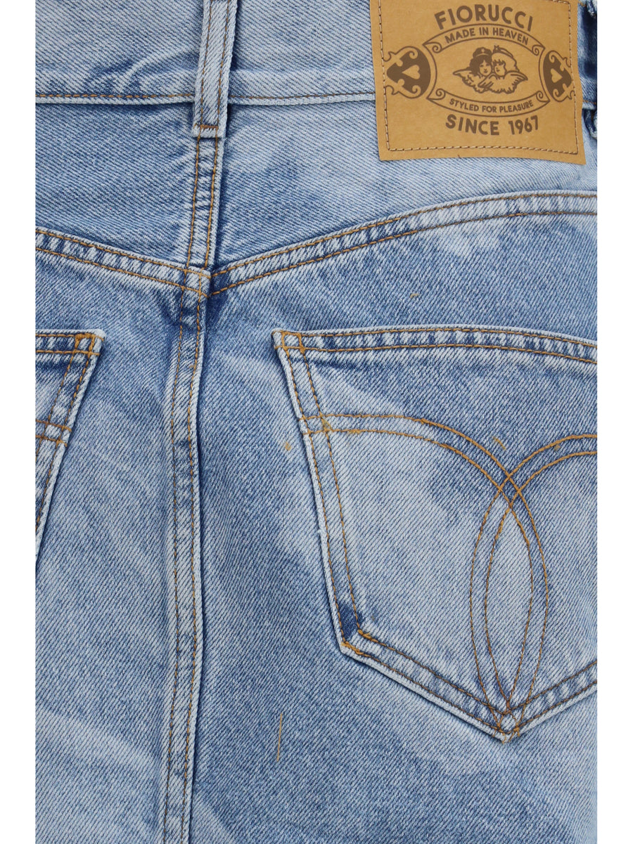 Denim Mini Skirt Angel Print Medium Blue Cotton