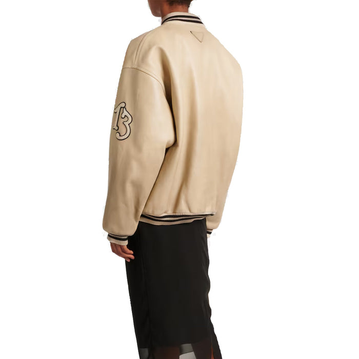 Padded Leather Varsity Jacket Ivory Calf