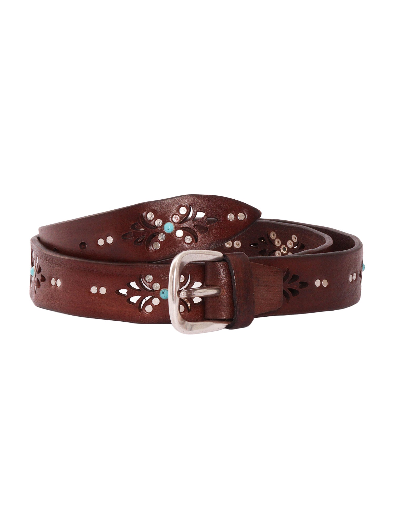 Garment-dyed belt with laser-cut detailing and studs Brown Leather