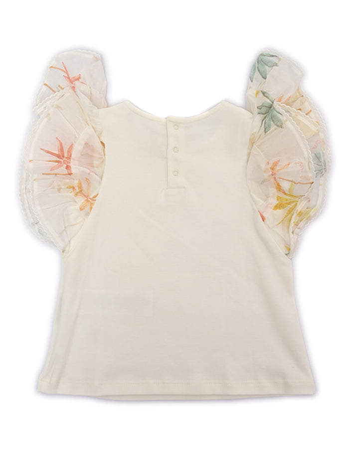 Short sleeves top in 100% organic cotton interlock. Ruffles veil with Palm grove seasonal print. Tone on Chlo� embroidery at chest. White Trimming
