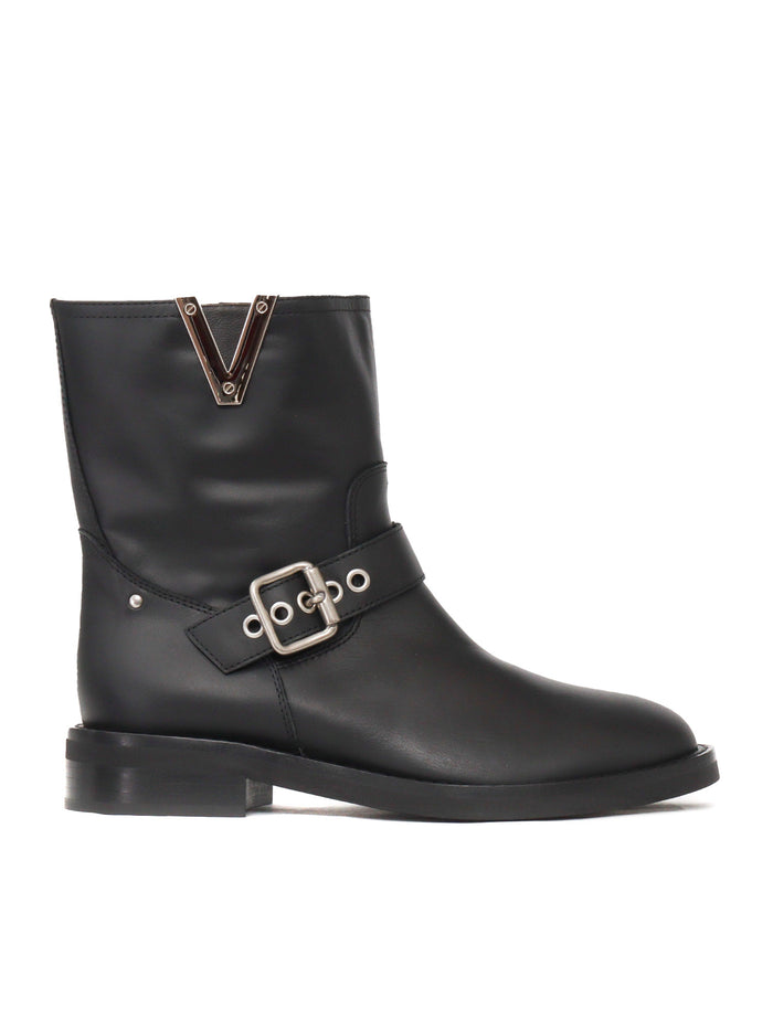 Nickel buckel boots Black Leather Sole Rubber Booties
