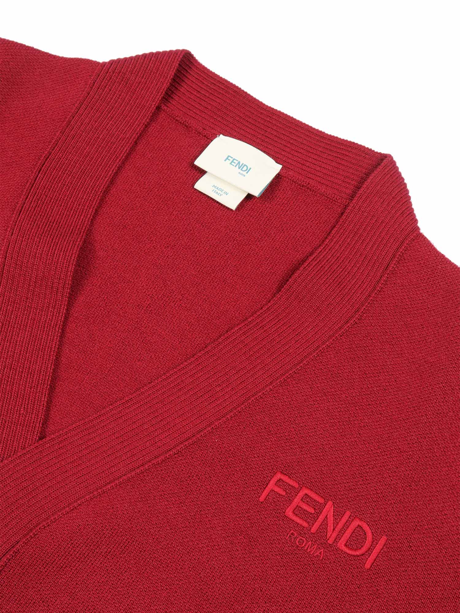 Wool Knitted Cardigan Red Virgin Ribbon Polyester