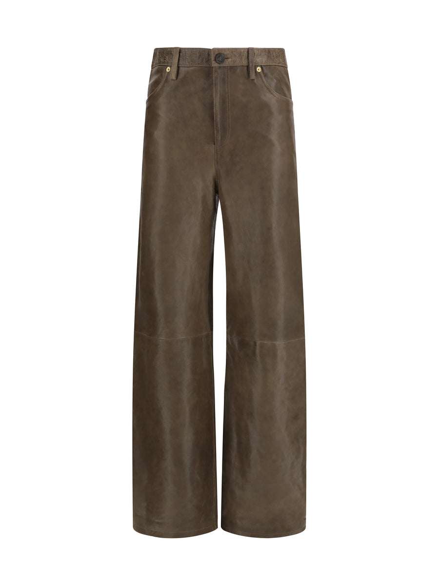Melany Leather Pants With Embroidery Mud Green Calf Bos Taurus