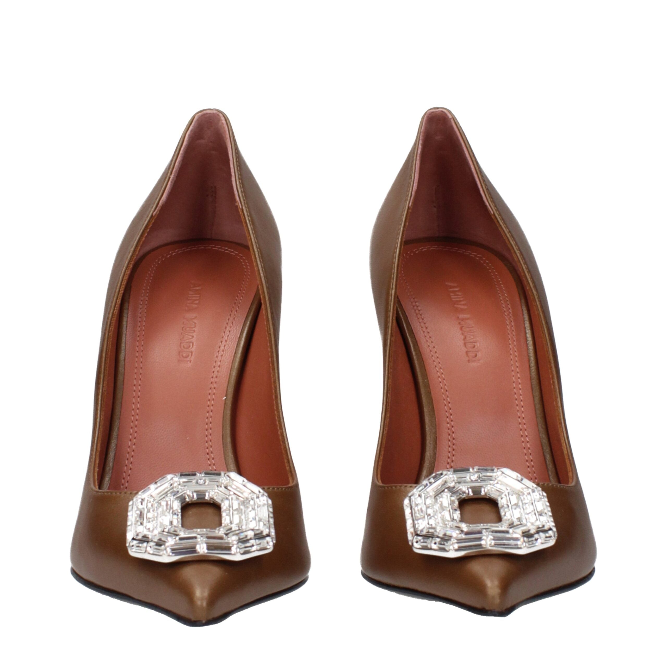 Amina Muaddi Nappa leather heel pump in brown — view 3