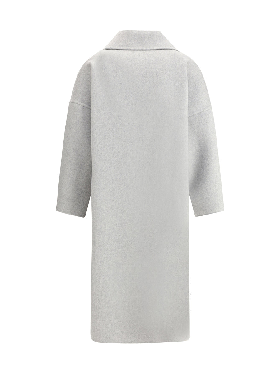Double-Breasted Long Coat Light Grey Melange Fleece Wool (ovis Aries)