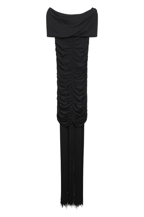 Off-Shoulder Draped Midi Dress Black Viscose