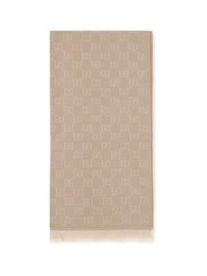 Gg Supreme Embroidered Wool Scarf Camel/ivory Ovis Aries