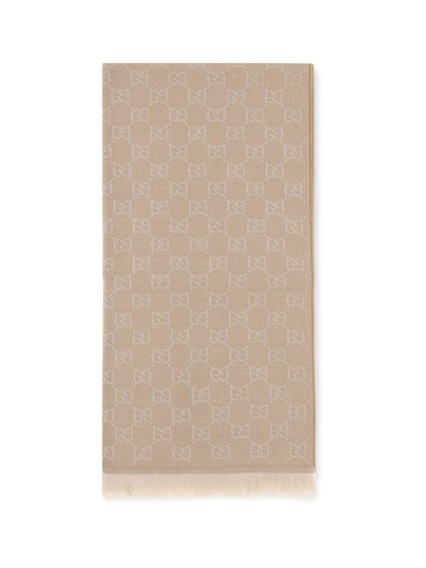 Gg Supreme Embroidered Wool Scarf Camel/ivory Ovis Aries