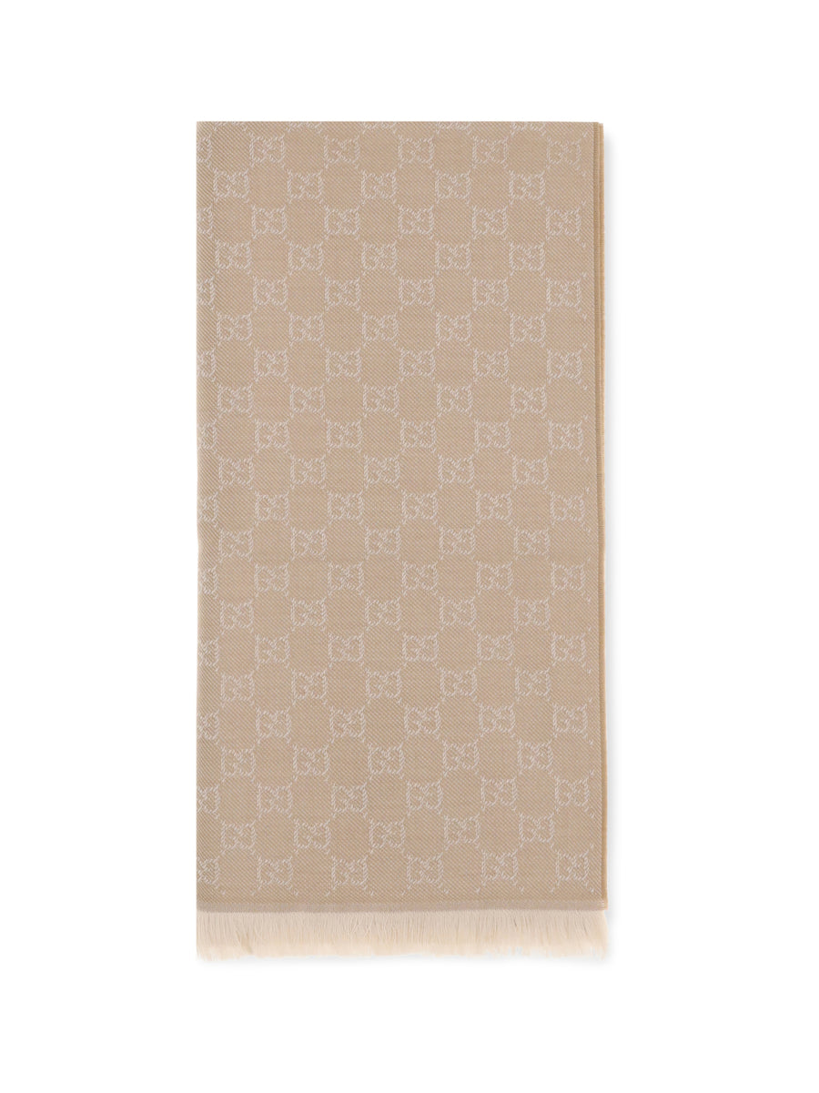Gg Supreme Embroidered Wool Scarf Camel/ivory Ovis Aries