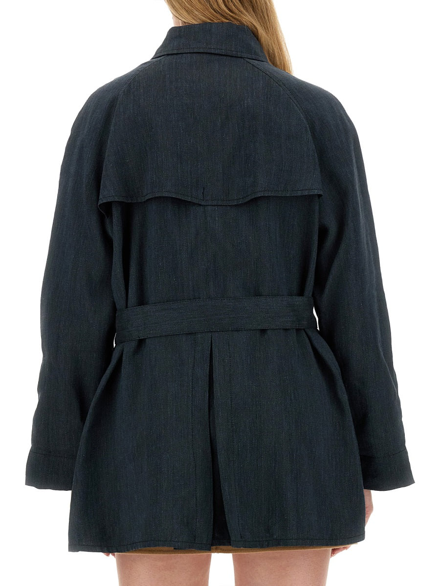 Short Trench Black Linen Viscose & Raincoats