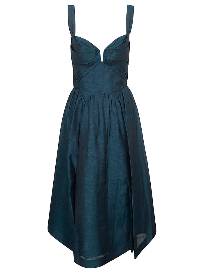 Rebellion Drape Midi Dress Blue Linen Silk Abito