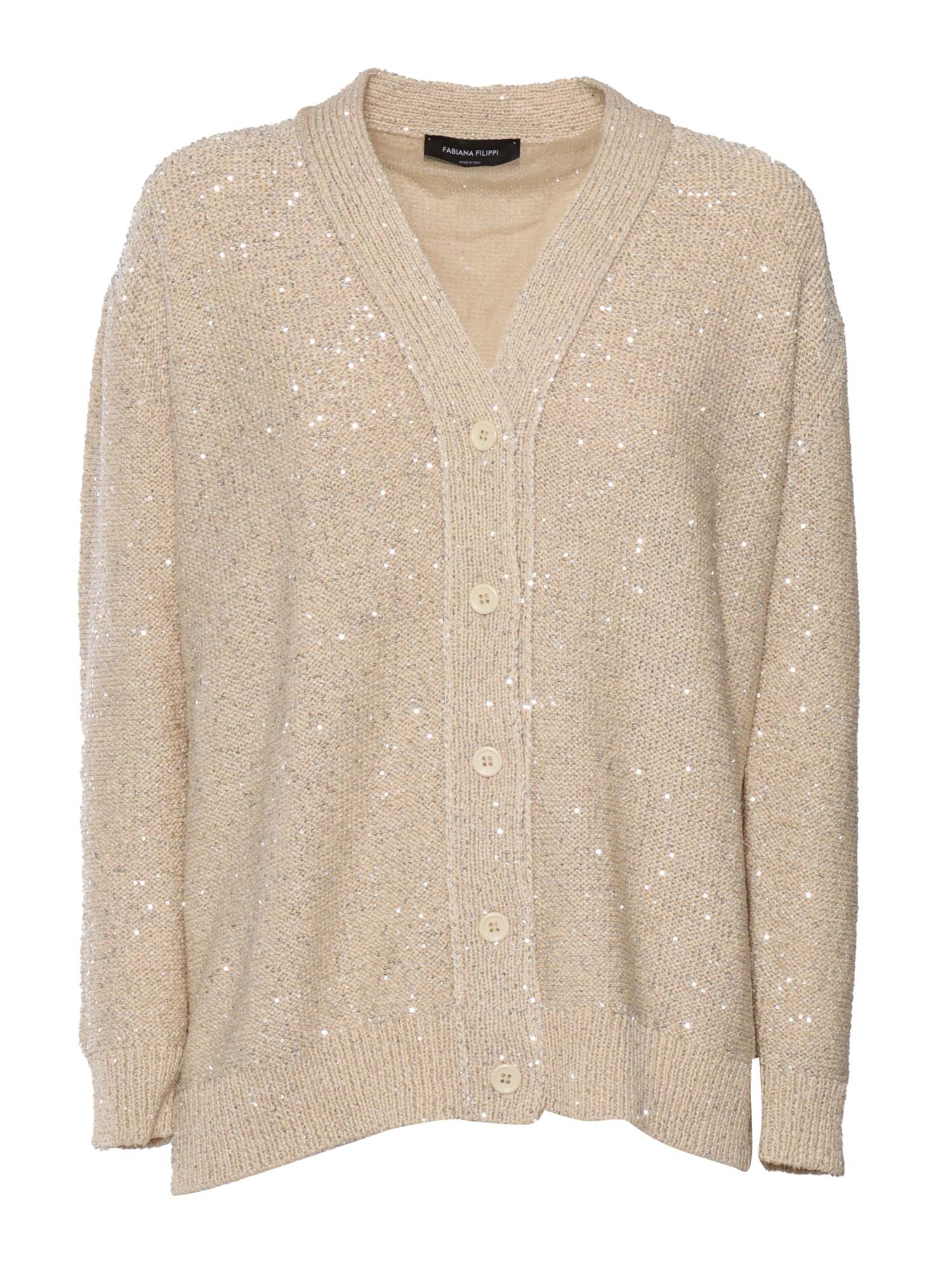 SEQUIN COTTON RIBBON V NECK CARDIGAN Beige Polyamide Polyester